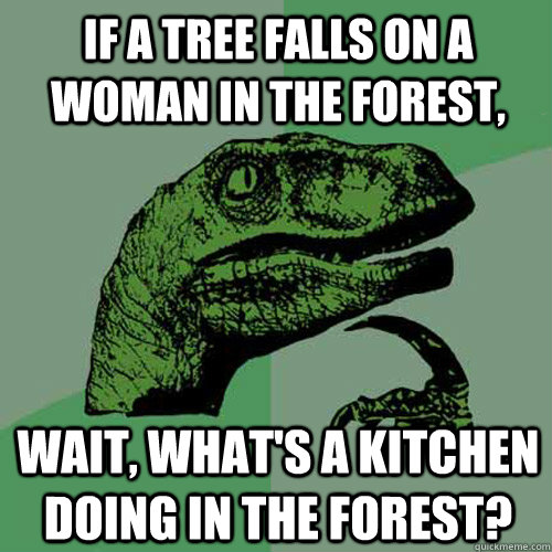 If a tree falls on a woman in the forest, Wait, what's a kitchen doing in the forest?  Philosoraptor