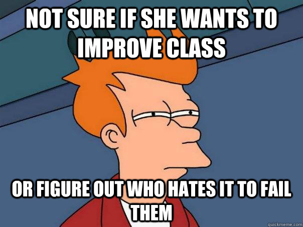 not sure if she wants to improve class or figure out who hates it to fail them  Futurama Fry