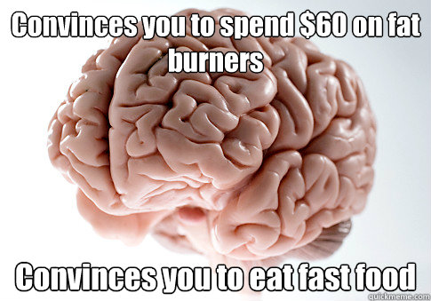 Convinces you to spend $60 on fat burners Convinces you to eat fast food  Scumbag Brain