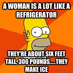 a woman is a lot like a refrigerator they're about six feet tall, 300 pounds.....they make ice  Advice Homer