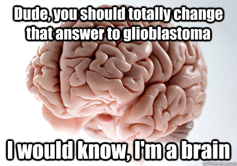 Dude, you should totally change that answer to glioblastoma I would know, I'm a brain   Scumbag Brain