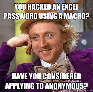 You hacked an Excel password using a macro? Have you considered applying to anonymous?  Condescending Wonka