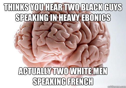 Thinks you hear two black guys speaking in heavy ebonics actually two white men speaking french  Scumbag Brain