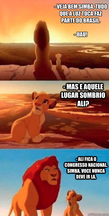 - Veja bem Simba, tudo que a luz toca faz parte do Brasil.

- Uau! - Mas e aquele lugar sombrio ali? - Ali fica o Congresso Nacional. Simba, voce nunca deve ir la.  SIMBA