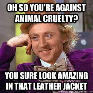 Oh so you're against animal cruelty? You sure look amazing in that leather jacket  Condescending Wonka