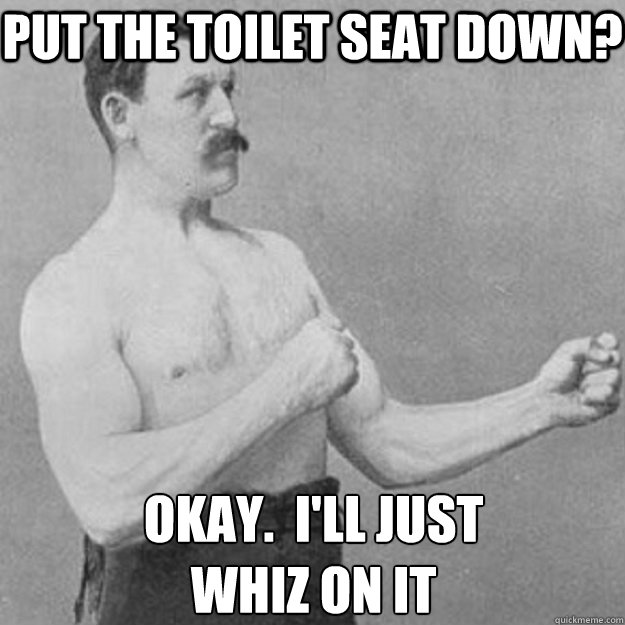 put the toilet seat down? okay.  I'll just 
whiz on it - put the toilet seat down? okay.  I'll just 
whiz on it  overly manly man