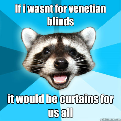 If i wasnt for venetian blinds
 it would be curtains for us all
 - If i wasnt for venetian blinds
 it would be curtains for us all
  Lame Pun Coon