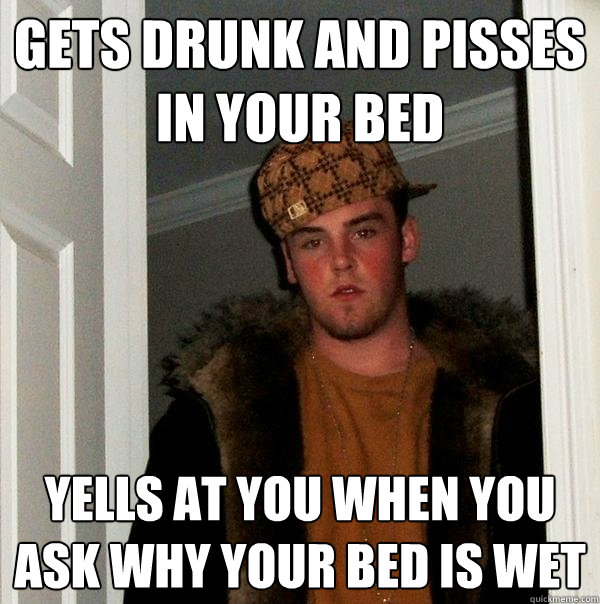 Gets drunk and pisses in your bed Yells at you when you ask why your bed is wet  Scumbag Steve