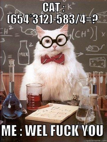  CAT : (654*312)-583/4=?  ME : WEL FUCK YOU Chemistry Cat