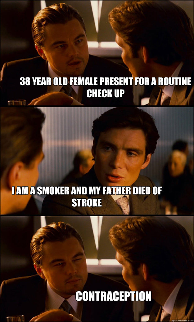 38 Year old female present for a routine check up I am a smoker and my father died of stroke Contraception  Inception