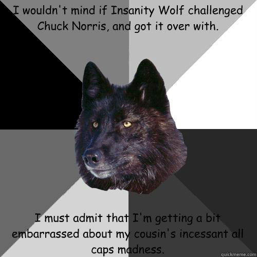 I wouldn't mind if Insanity Wolf challenged Chuck Norris, and got it over with. I must admit that I'm getting a bit embarrassed about my cousin's incessant all caps madness.  Sanity Wolf