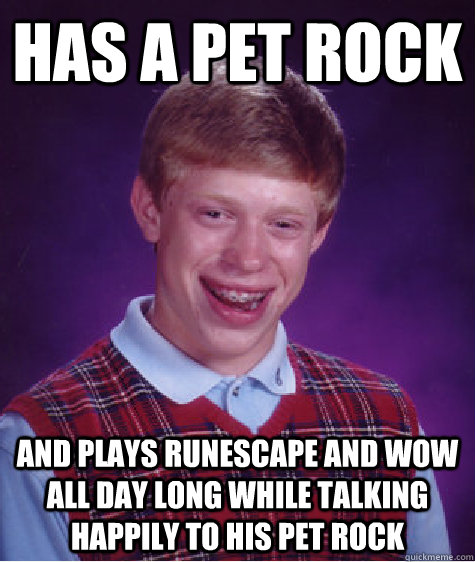 Has a Pet rock and plays runescape and wow all day long while talking happily to his pet rock - Has a Pet rock and plays runescape and wow all day long while talking happily to his pet rock  Bad Luck Brian