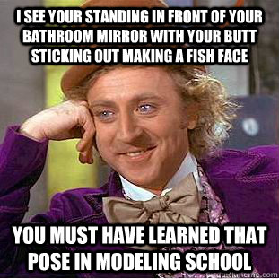 I see your standing in front of your bathroom mirror with your butt sticking out making a fish face You must have learned that pose in modeling school  Condescending Wonka