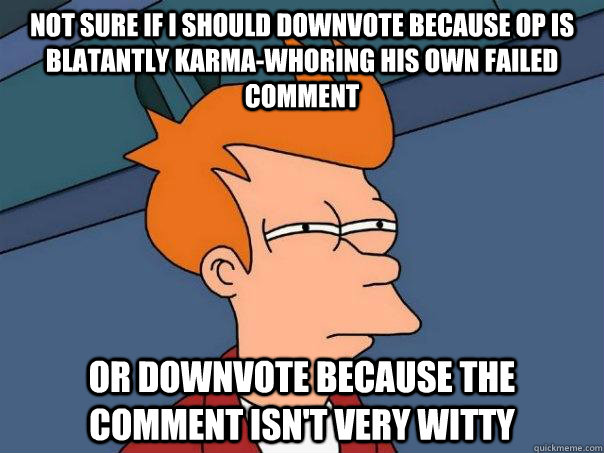 not sure if I should downvote because op is blatantly karma-whoring his own failed comment or downvote because the comment isn't very witty  Futurama Fry