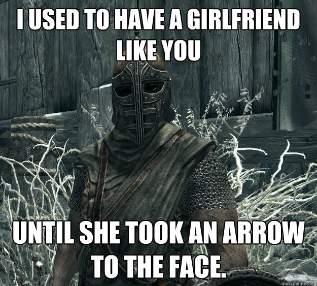 I used to have a girlfriend like you until she took an arrow to the face.  Skyrim Guard