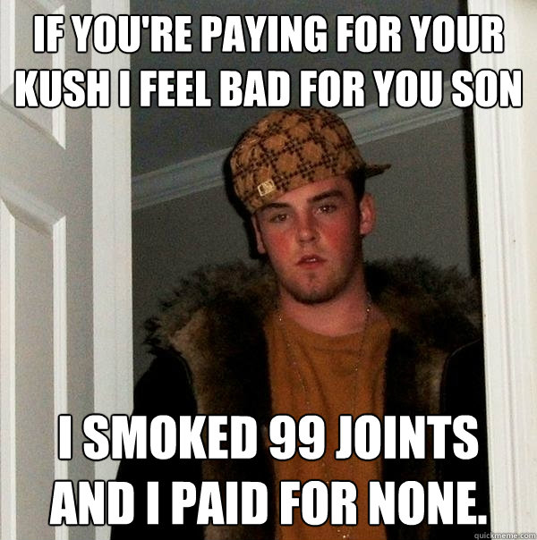 if you're paying for your kush i feel bad for you son i smoked 99 joints and i paid for none.  Scumbag Steve