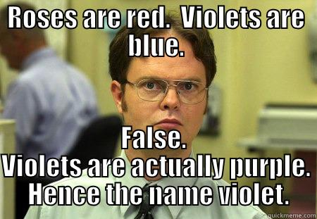 Roses are red.  Violets are blue.  False.  Violets are actually purple.  Hence the name violet. - ROSES ARE RED.  VIOLETS ARE BLUE. FALSE.  VIOLETS ARE ACTUALLY PURPLE.  HENCE THE NAME VIOLET. Schrute