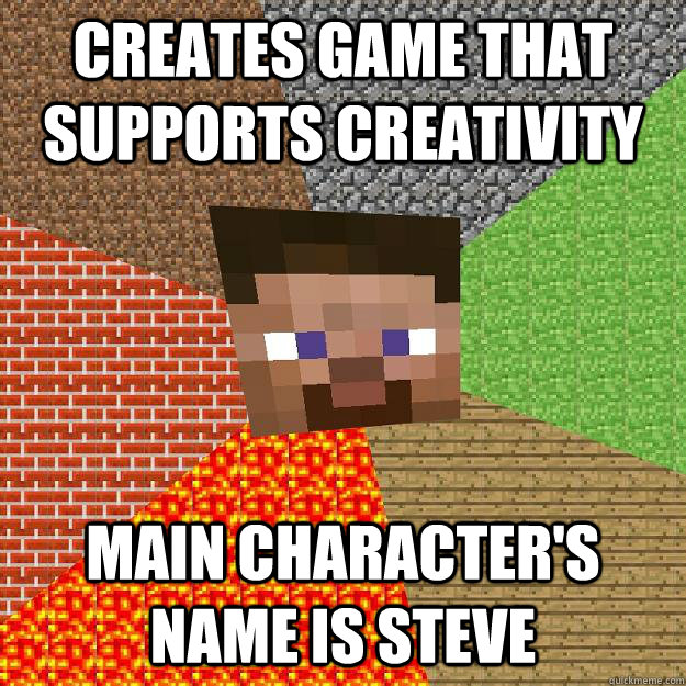 Creates game that supports creativity Main character's name is Steve  Minecraft