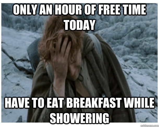 only an hour of free time today have to eat breakfast while showering  LOTRO World Problems