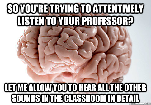 So you're trying to attentively listen to your professor? Let me allow you to hear all the other sounds in the classroom in detail  Scumbag Brain