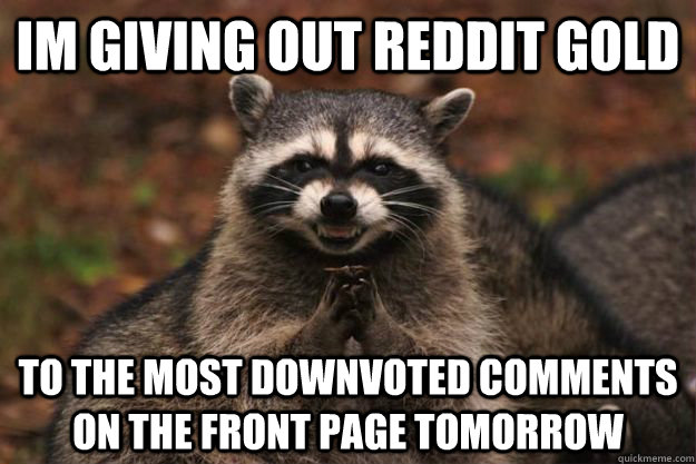 im giving out reddit gold to the most downvoted comments on the front page tomorrow  Evil Plotting Raccoon