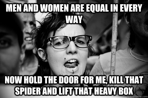 Men and women are equal in every way Now hold the door for me, kill that spider and lift that heavy box  Hypocrite Feminist