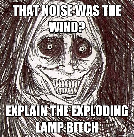 That noise was the wind? explain the exploding lamp bitch  Horrifying Houseguest