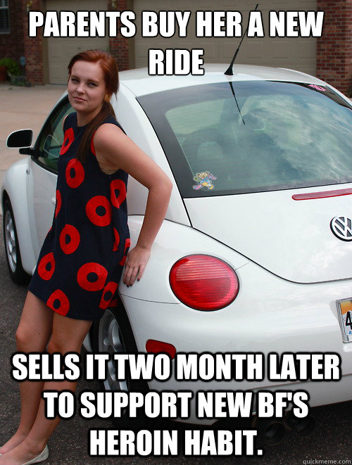 Parents Buy her a new ride Sells it two month later to support new bf's heroin habit.   