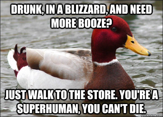 drunk, in a blizzard, and need more booze? just walk to the store. You're a superhuman, you can't die.  Malicious Advice Mallard