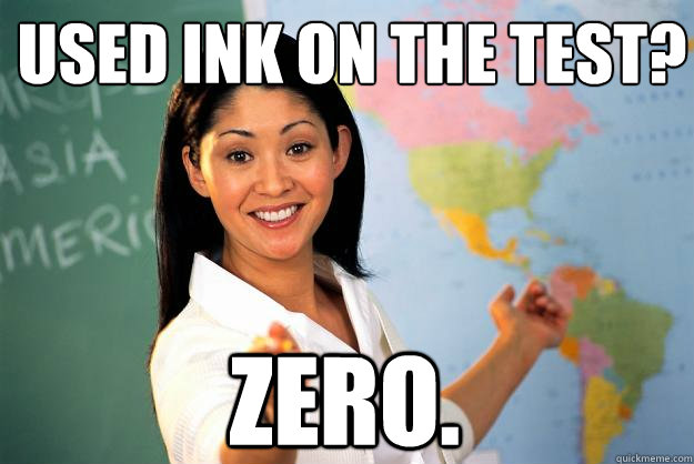 Used ink on the test? zero.  Unhelpful High School Teacher