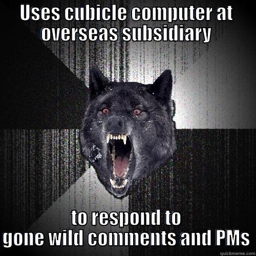 USES CUBICLE COMPUTER AT OVERSEAS SUBSIDIARY TO RESPOND TO GONE WILD COMMENTS AND PMS Insanity Wolf