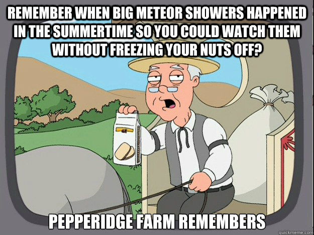 Remember when big meteor showers happened in the summertime so you could watch them without freezing your nuts off? Pepperidge farm remembers  Pepperidge Farm Remembers