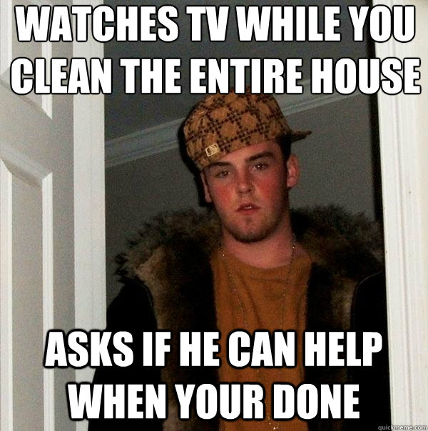 Watches TV while you clean the entire house Asks if he can help when your done  Scumbag Steve