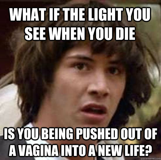 What if the light you see when you die is you being pushed out of a vagina into a new life?  conspiracy keanu