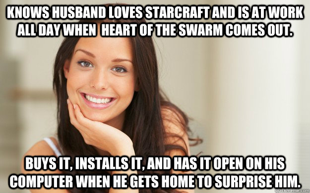 Knows Husband loves Starcraft and is at work all day when  Heart of the Swarm comes out.  Buys it, installs it, and has it open on his computer when he gets home to surprise him.  