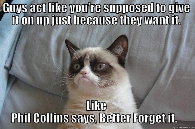 GUYS ACT LIKE YOU'RE SUPPOSED TO GIVE IT ON UP JUST BECAUSE THEY WANT IT. LIKE PHIL COLLINS SAYS, BETTER FORGET IT.   Grumpy Cat