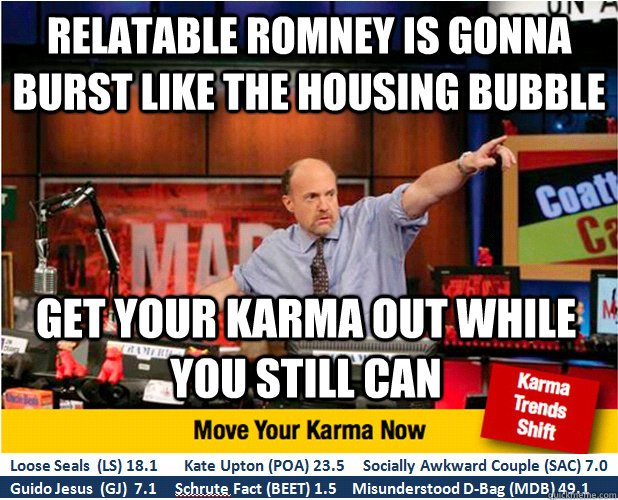 Relatable Romney is gonna burst like the housing bubble get your karma out while you still can  Jim Kramer with updated ticker