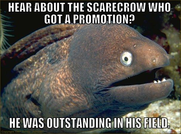 HEAR ABOUT THE SCARECROW WHO GOT A PROMOTION? HE WAS OUTSTANDING IN HIS FIELD. Bad Joke Eel