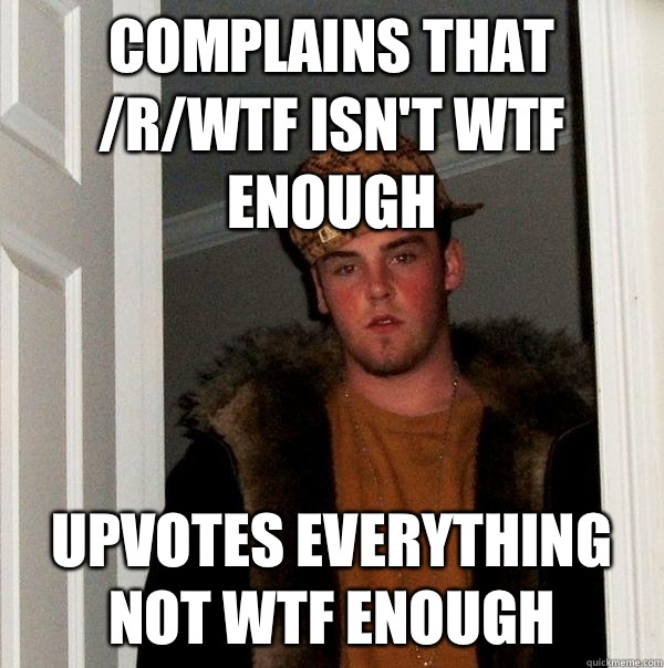 Complains that /r/wtf isn't WTF enough Upvotes everything not WTF enough  Scumbag Steve