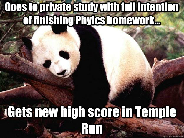 Goes to private study with full intention of finishing Phyics homework... Gets new high score in Temple Run  Procrastination Panda