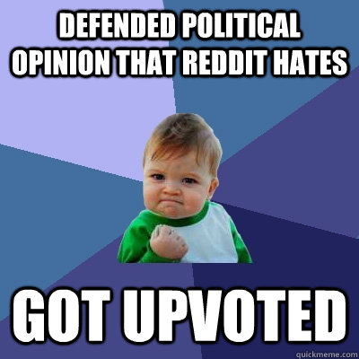 Defended political opinion that reddit hates got upvoted  Success Kid