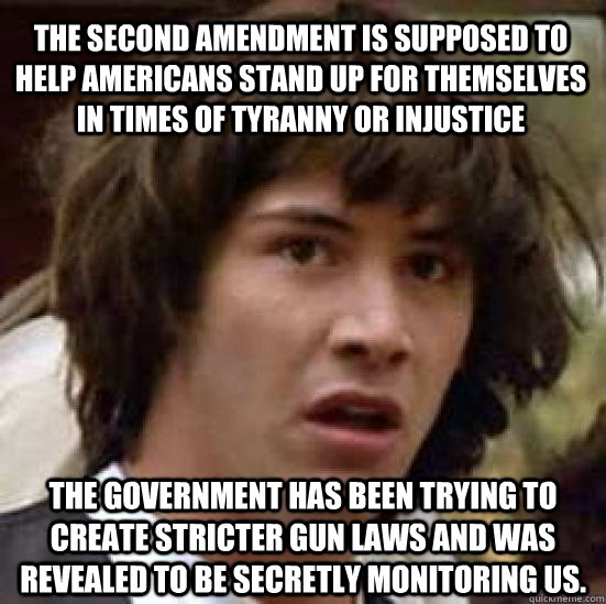 The second amendment is supposed to help Americans stand up for themselves in times of tyranny or injustice the government has been trying to create stricter gun laws and was revealed to be secretly monitoring us.  conspiracy keanu