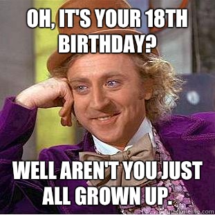 Oh, it's your 18th birthday? Well aren't you just all grown up. - Oh, it's your 18th birthday? Well aren't you just all grown up.  Condescending Wonka