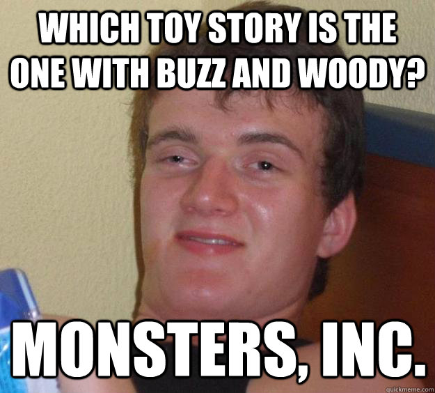 Which Toy Story is the one with Buzz and Woody? Monsters, Inc. - Which Toy Story is the one with Buzz and Woody? Monsters, Inc.  10 Guy