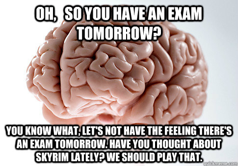 Oh,   so you have an exam tomorrow? You know what, let's NOT have the feeling there's an exam tomorrow. Have you thought about Skyrim lately? We should play that.  Scumbag Brain