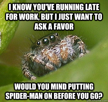 i know you've running late for work, but i just want to ask a favor would you mind putting spider-man on before you go?  Misunderstood Spider