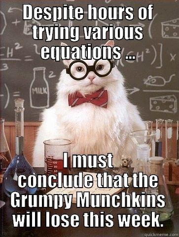 DESPITE HOURS OF TRYING VARIOUS EQUATIONS ... I MUST CONCLUDE THAT THE GRUMPY MUNCHKINS WILL LOSE THIS WEEK. Chemistry Cat