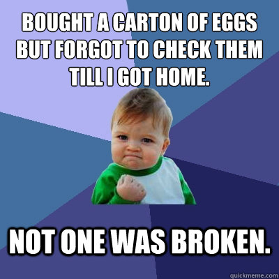 Bought a Carton of Eggs but forgot to check them till I got home. Not one was broken.  Success Kid