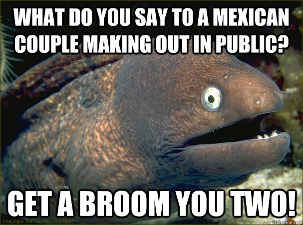 What do you say to a mexican couple making out in public? Get a broom you two! - What do you say to a mexican couple making out in public? Get a broom you two!  Bad Joke Eel