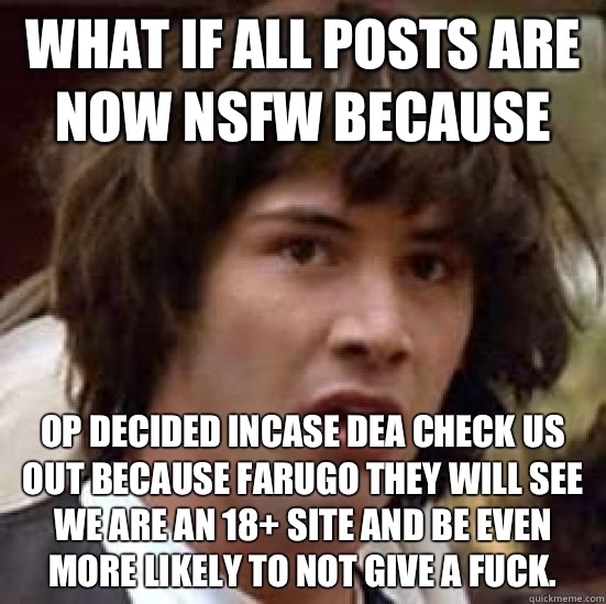 What if all posts are now NSFW because OP decided incase DEA check us out because Farugo they will see we are an 18+ site and be even more likely to not give a fuck.   conspiracy keanu